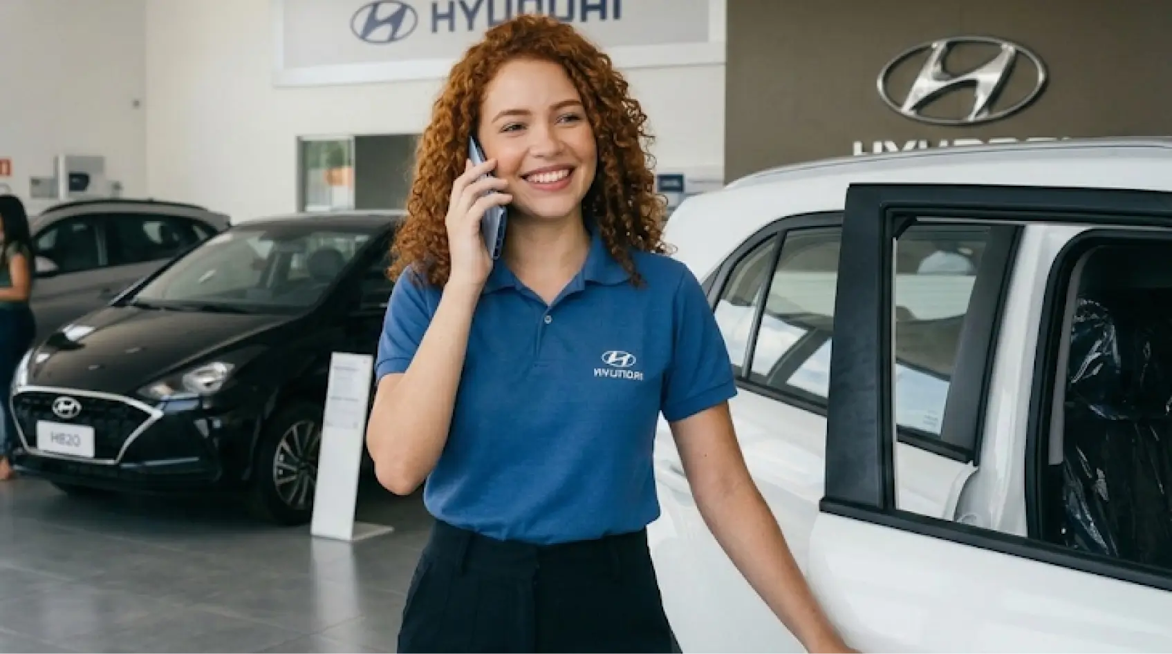 Mulher sorrindo e falando ao celular em uma concessionária Hyundai.